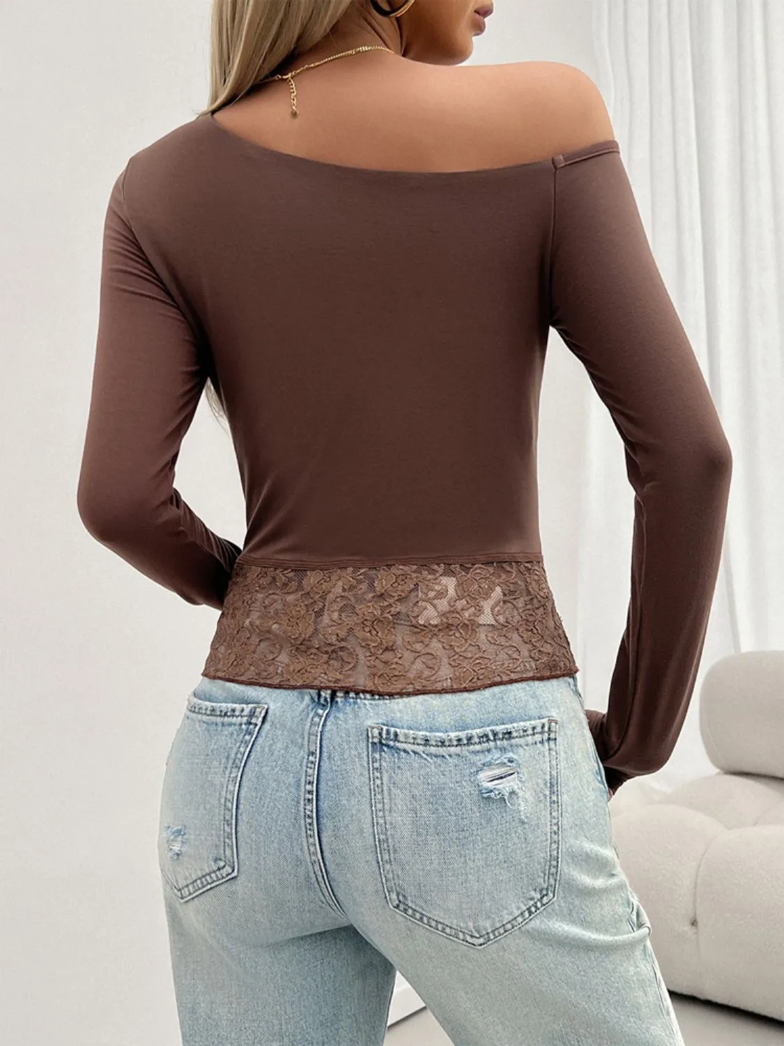 Single Shoulder Long Sleeve Lace T-Shirt sold by Charming Charlie product image thumbnail 2