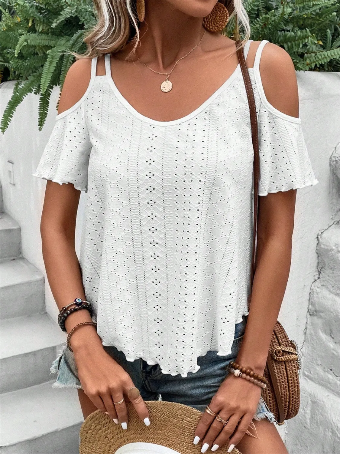 Eyelet Cold Shoulder Short Sleeve Blouse sold by Charming Charlie product image thumbnail 3