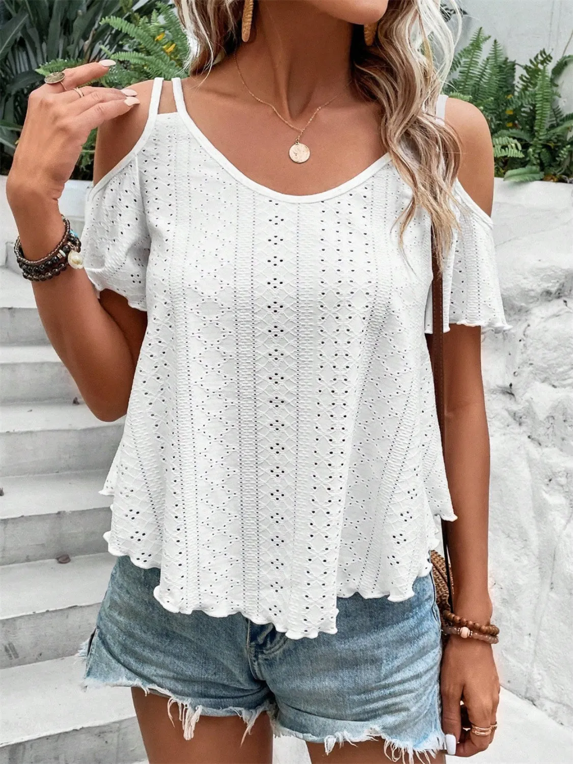 Eyelet Cold Shoulder Short Sleeve Blouse sold by Charming Charlie