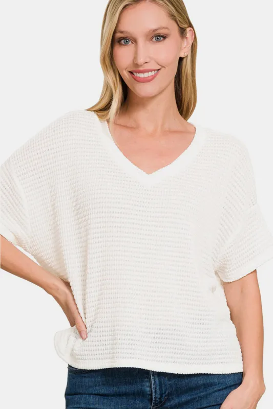 Zenana Drop Shoulder Short Sleeve Jacquard Knit Top sold by Charming Charlie