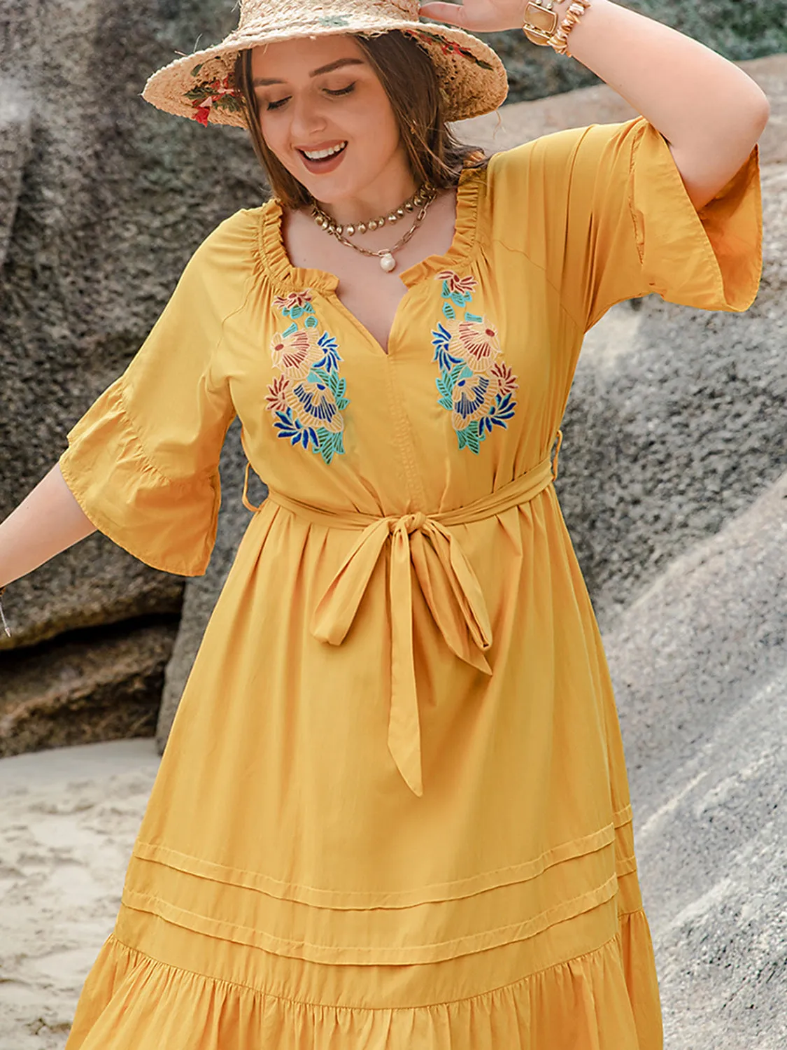 Plus Size Notched Tie Waist Half Sleeve Midi Dress sold by Charming Charlie product image thumbnail 4