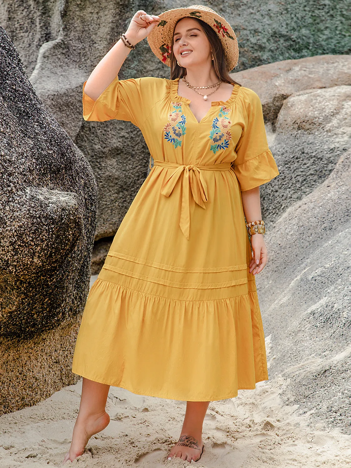 Plus Size Notched Tie Waist Half Sleeve Midi Dress sold by Charming Charlie