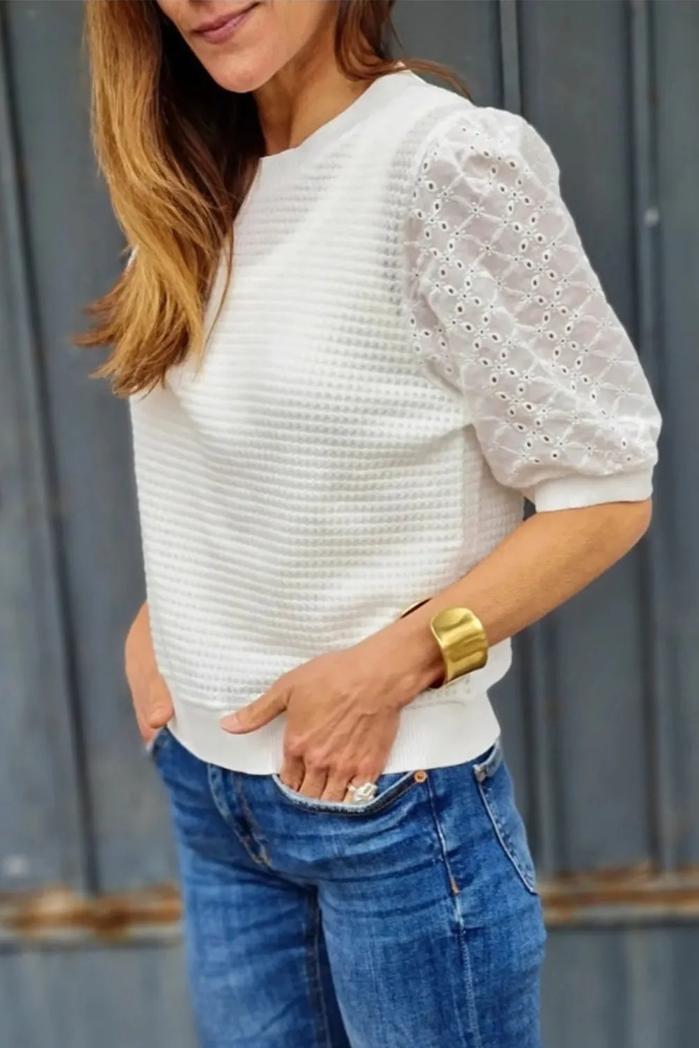 Eyelet Round Neck Half Sleeve Blouse sold by Charming Charlie product image thumbnail 2