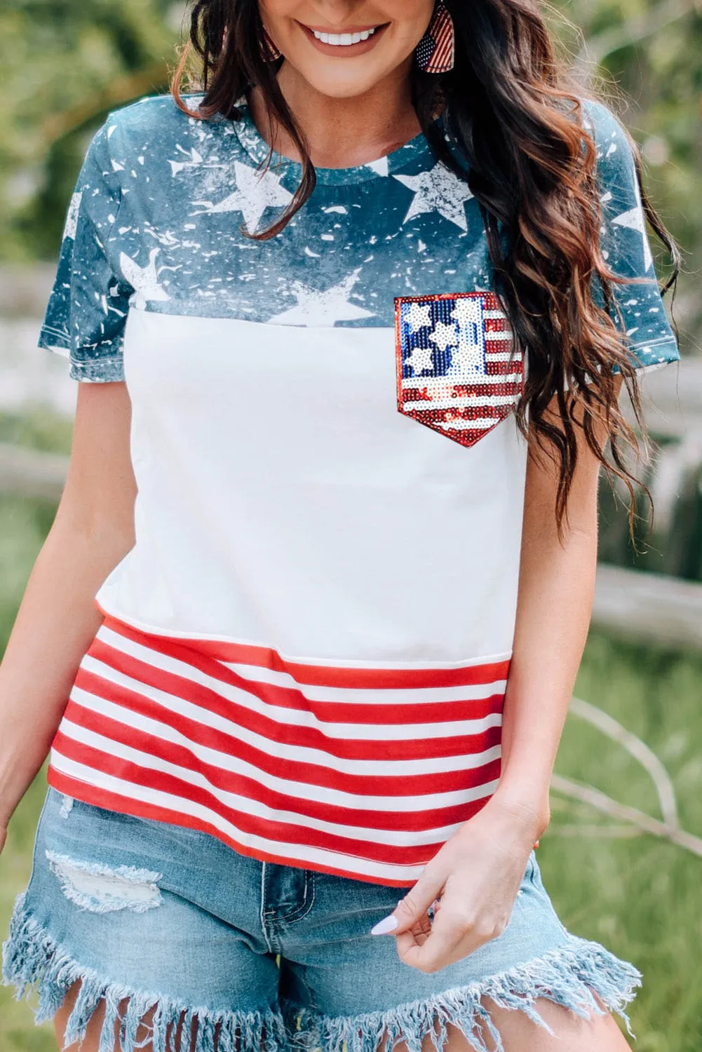 US Flag Round Neck Short Sleeve T-Shirt sold by Charming Charlie