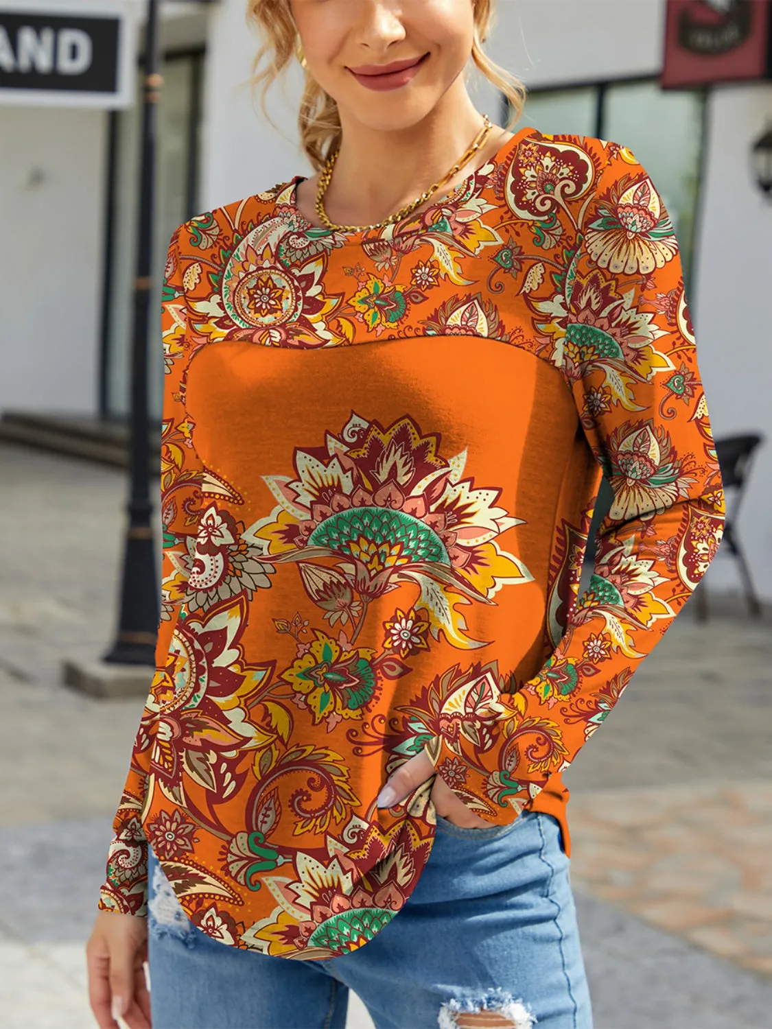 Printed Round Neck Long Sleeve T-Shirt sold by Charming Charlie