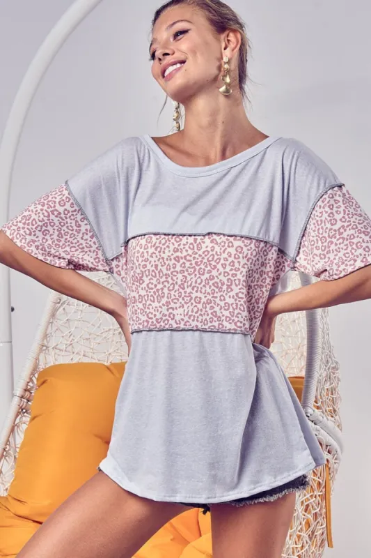BiBi Leopard Block Exposed Seams T-Shirt sold by Charming Charlie