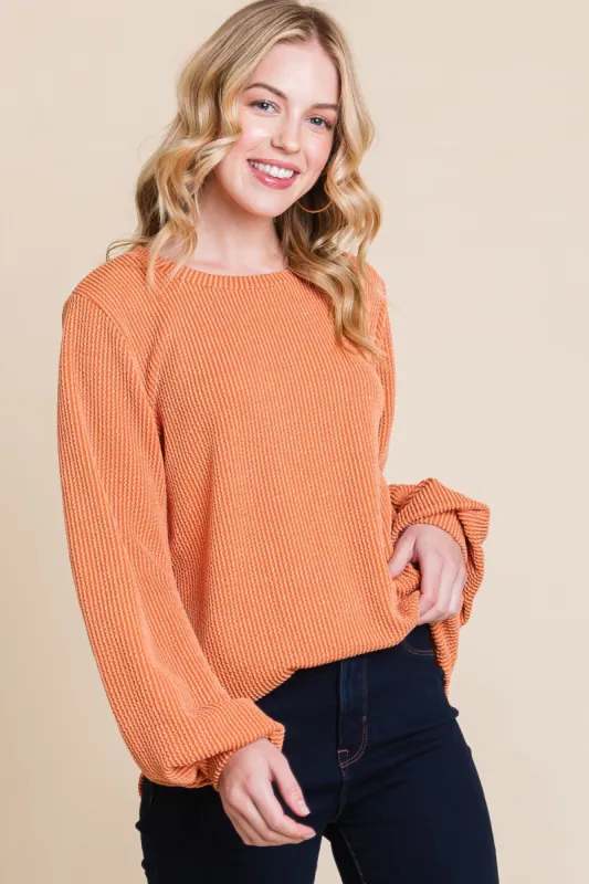 BOMBOM Long Sleeve Curved Hem Ribbed T-Shirt sold by Charming Charlie