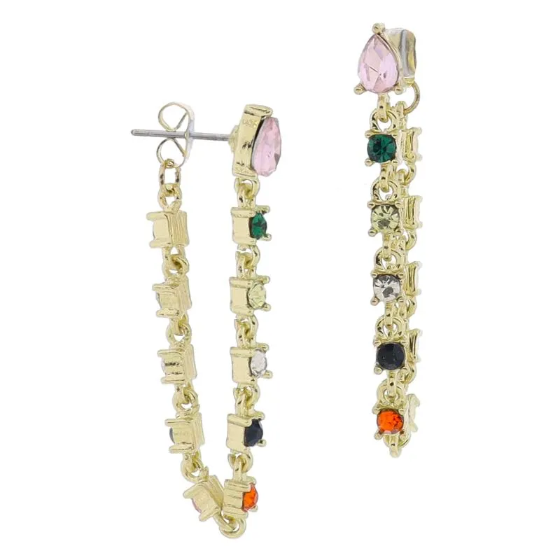 18K Gold Plated Pink Teardrop Crystal Post & Multi Crystal Wrap Chain Earrings, 1.75" Top to Bottom sold by Charming Charlie