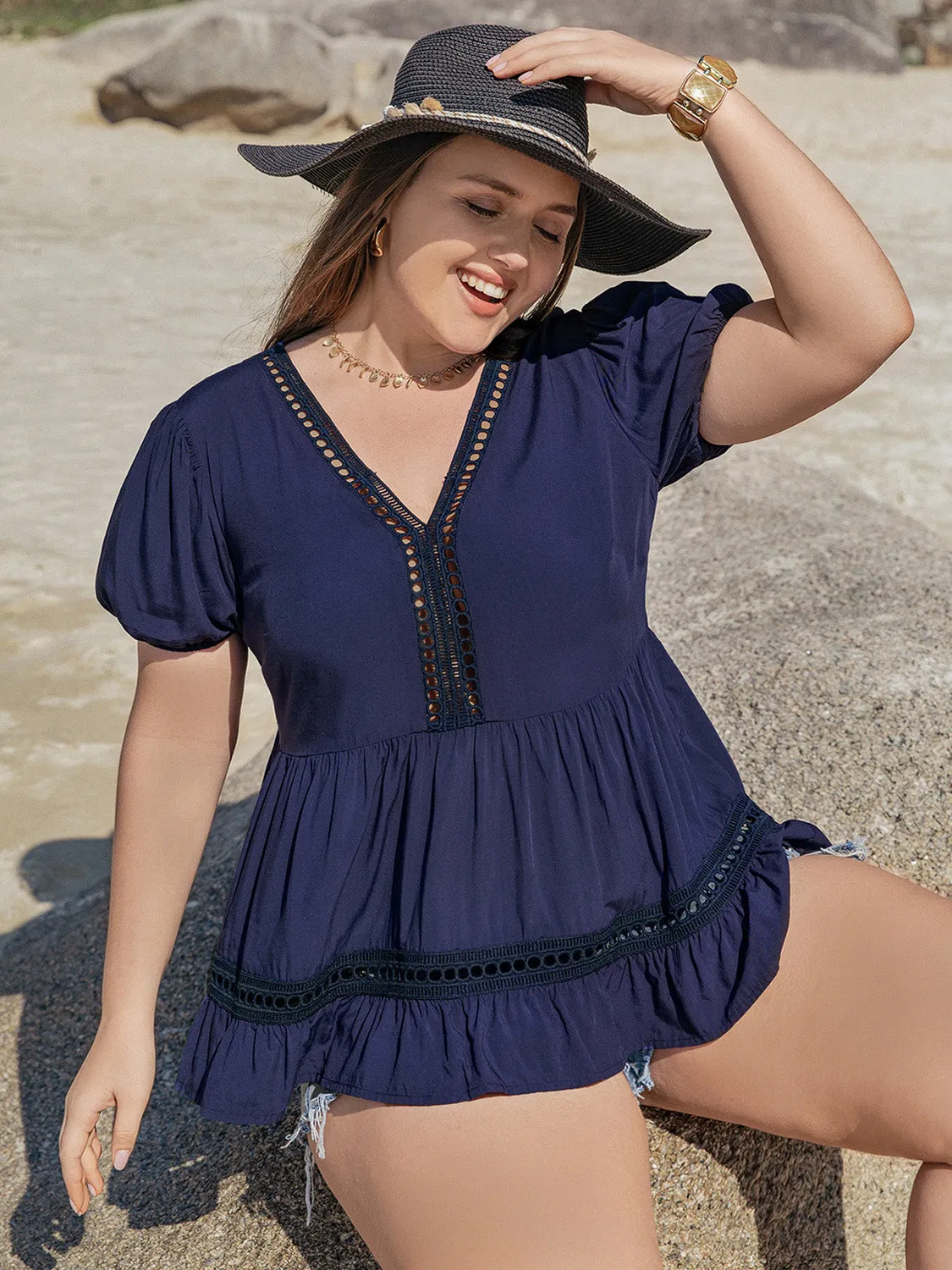 Plus Size Peplum V-Neck Short Sleeve Blouse sold by Charming Charlie