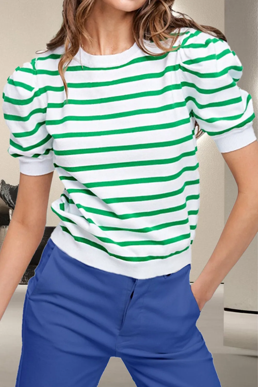 Striped Round Neck Puff Sleeve Blouse sold by Charming Charlie