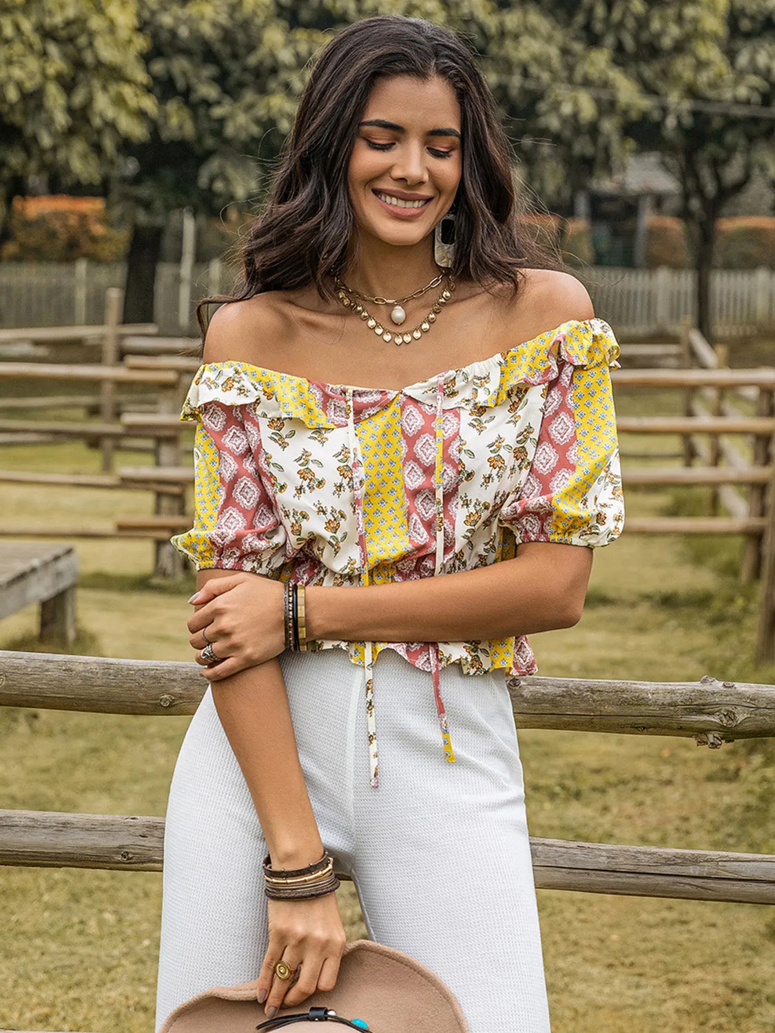 Ruffled Printed Off-Shoulder Short Sleeve Blouse sold by Charming Charlie product image thumbnail 4
