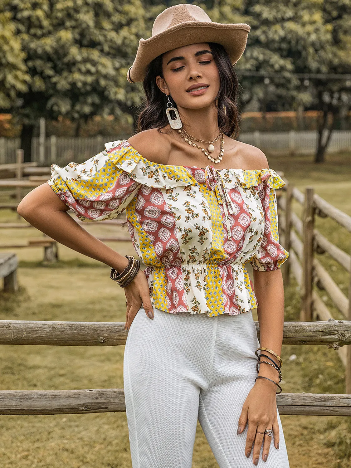 Ruffled Printed Off-Shoulder Short Sleeve Blouse sold by Charming Charlie product image thumbnail 5