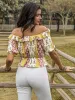 Ruffled Printed Off-Shoulder Short Sleeve Blouse sold by Charming Charlie