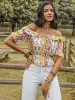 Ruffled Printed Off-Shoulder Short Sleeve Blouse sold by Charming Charlie