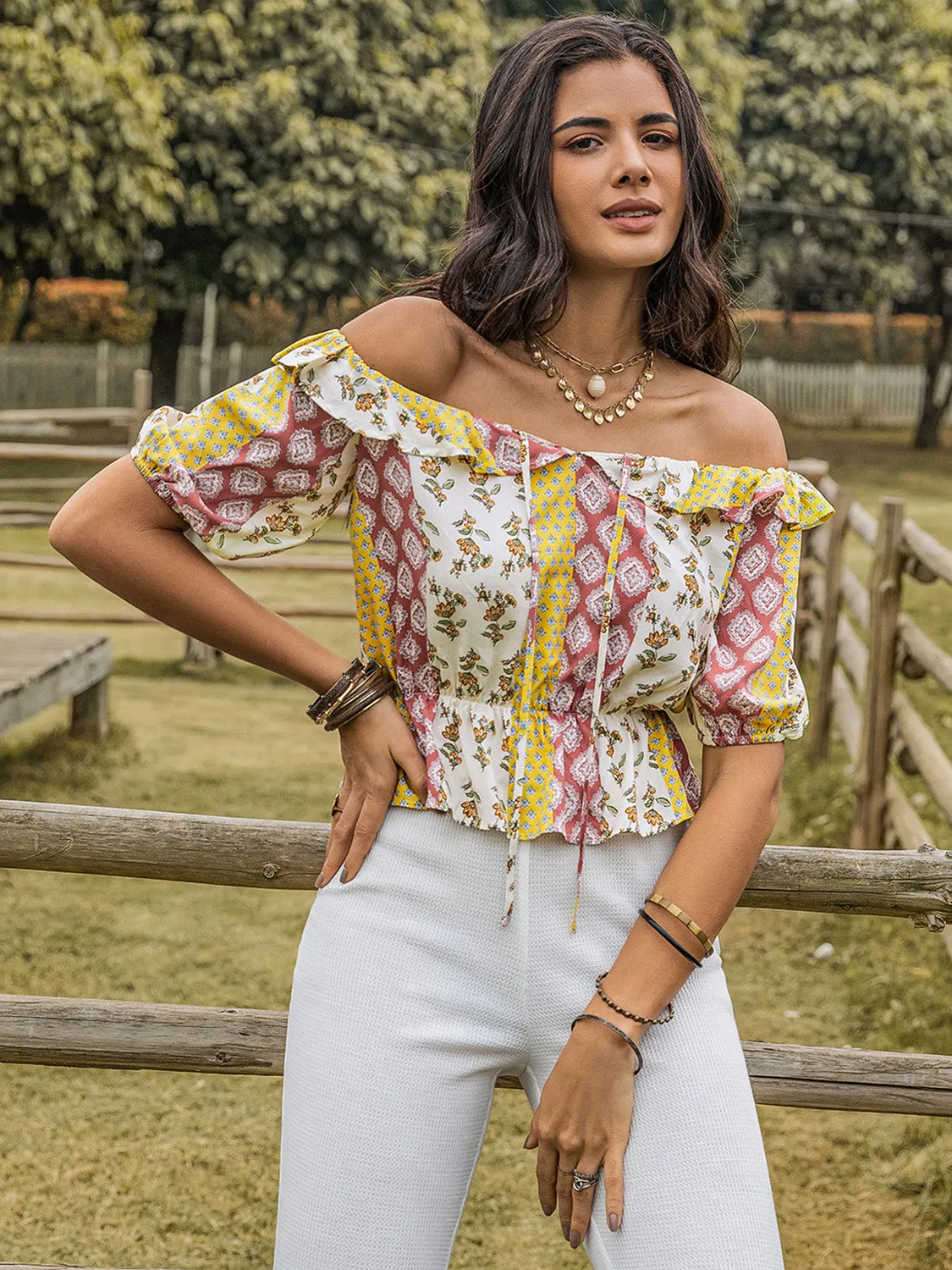 Ruffled Printed Off-Shoulder Short Sleeve Blouse sold by Charming Charlie product image thumbnail 3