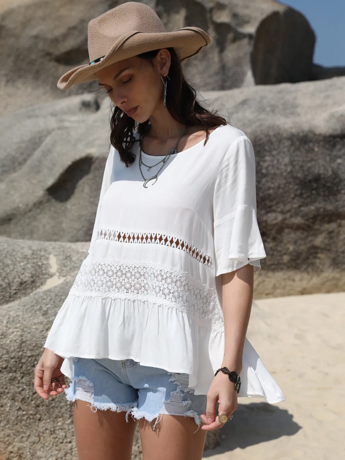 Lace Detail Round Neck Half Sleeve Blouse sold by Charming Charlie product image thumbnail 4