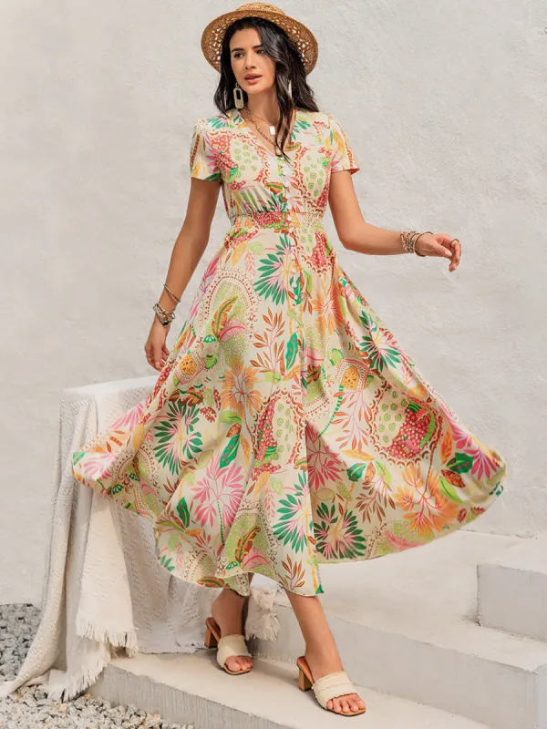 Printed V-Neck Short Sleeve Midi Dress sold by Charming Charlie
