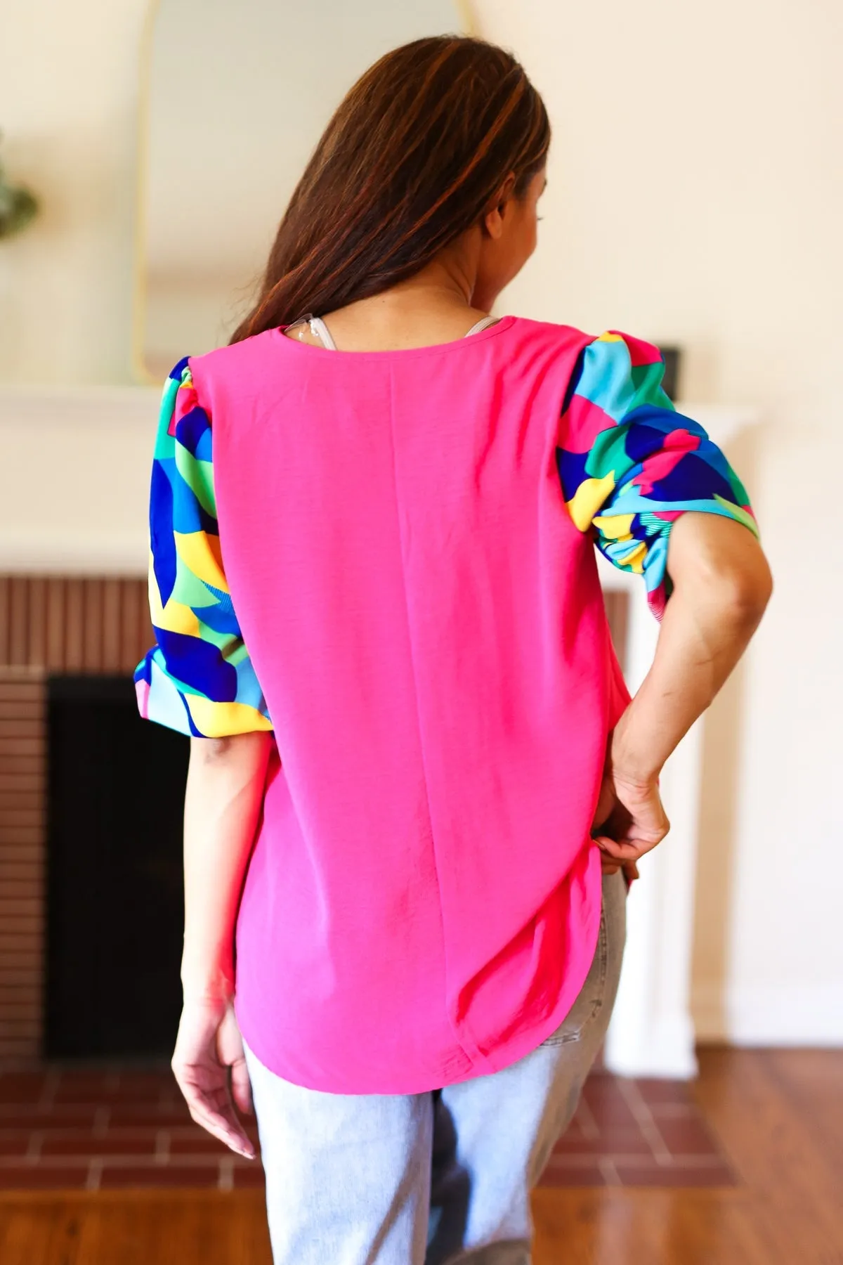 Tell Your Story Fuchsia Geo Print Puff Sleeve V Neck Top sold by Charming Charlie product image thumbnail 4
