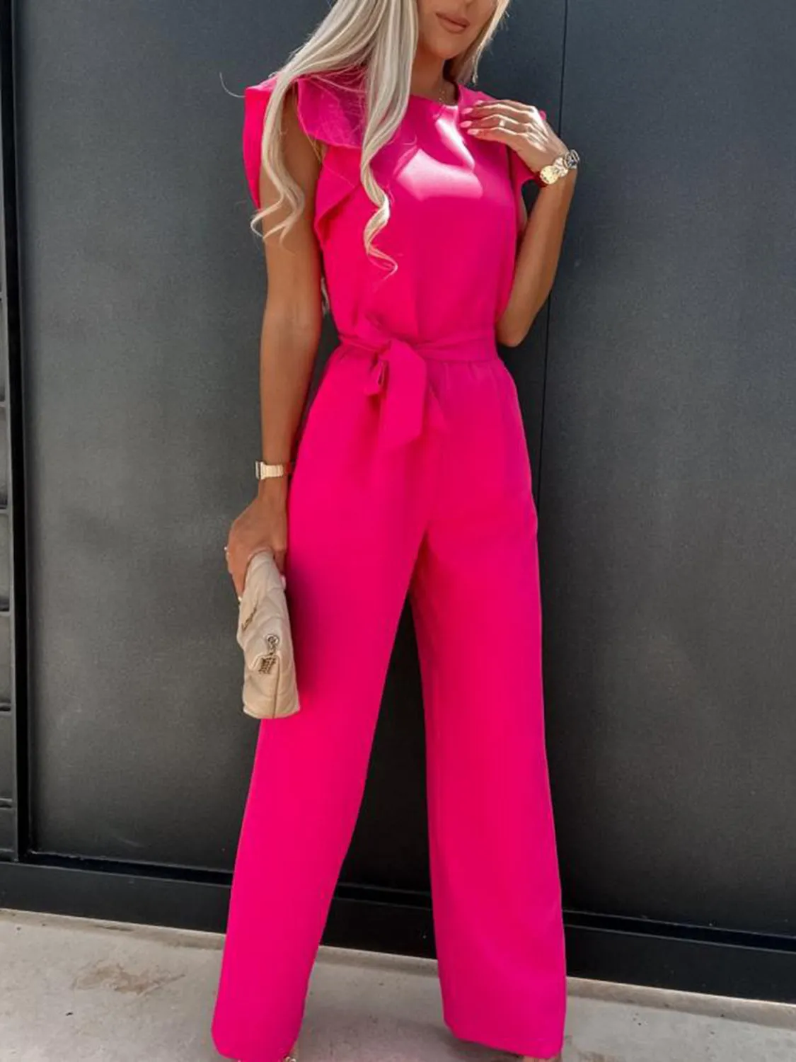 Ruffled Round Neck Cap Sleeve Jumpsuit sold by Charming Charlie product image thumbnail 4