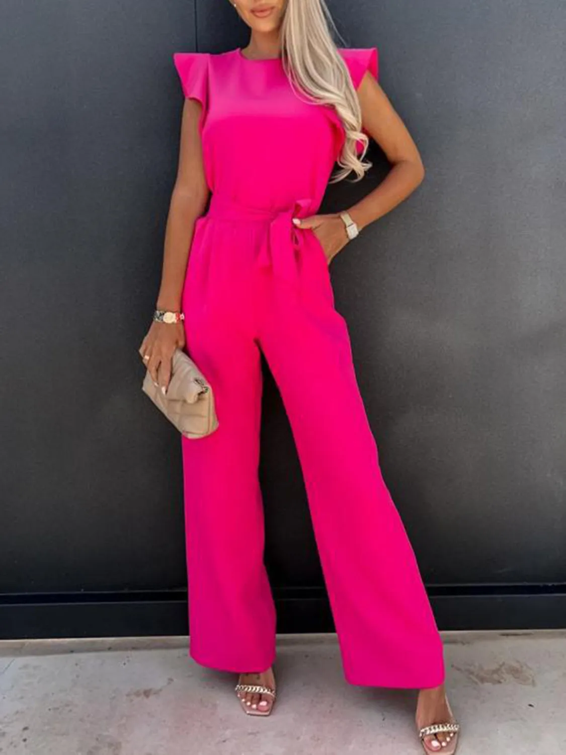 Ruffled Round Neck Cap Sleeve Jumpsuit sold by Charming Charlie product image thumbnail 5