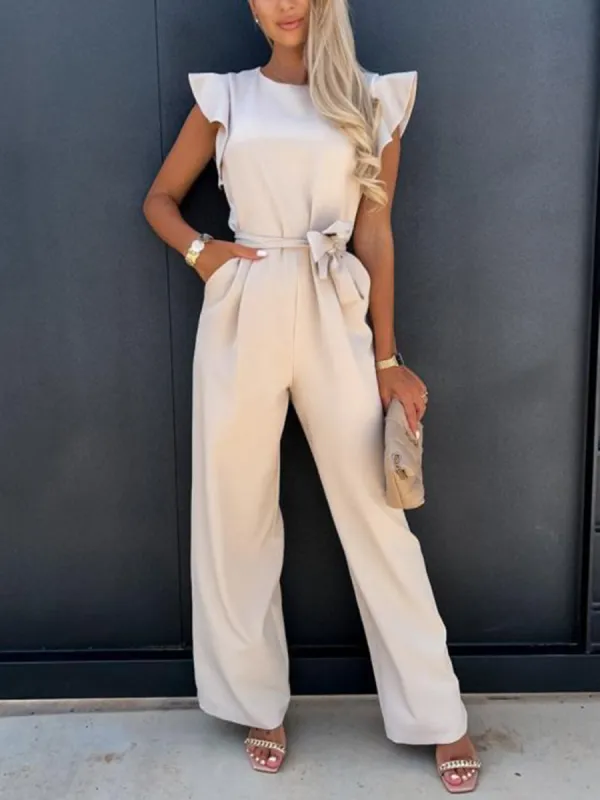 Ruffled Round Neck Cap Sleeve Jumpsuit sold by Charming Charlie