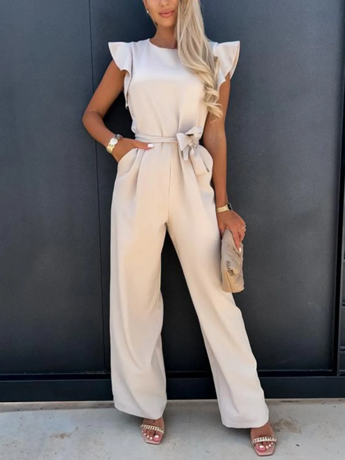 Ruffled Round Neck Cap Sleeve Jumpsuit sold by Charming Charlie
