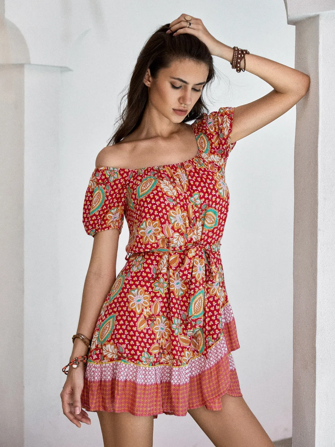 Printed Short Sleeve Tie Waist Mini Dress sold by Charming Charlie product image thumbnail 4