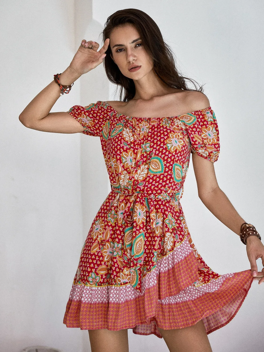 Printed Short Sleeve Tie Waist Mini Dress sold by Charming Charlie