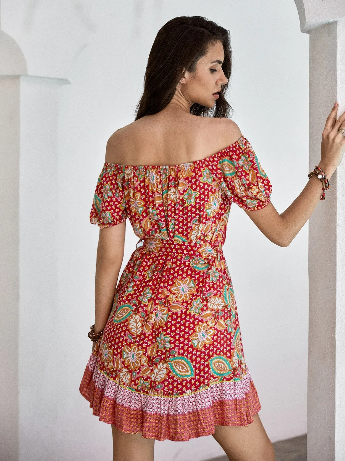 Printed Short Sleeve Tie Waist Mini Dress sold by Charming Charlie product image thumbnail 2