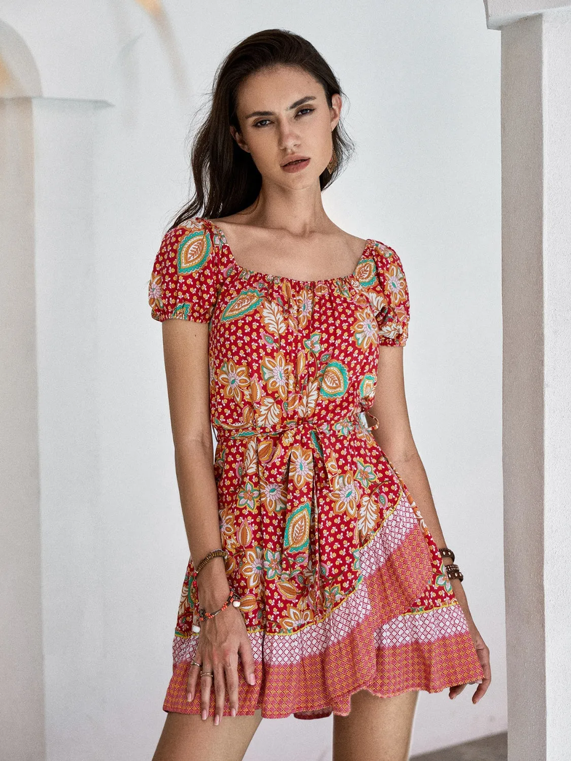 Printed Short Sleeve Tie Waist Mini Dress sold by Charming Charlie product image thumbnail 3