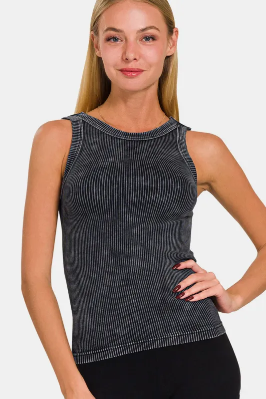 Zenana 2 Way Neckline Washed Ribbed Cropped Tank sold by Charming Charlie