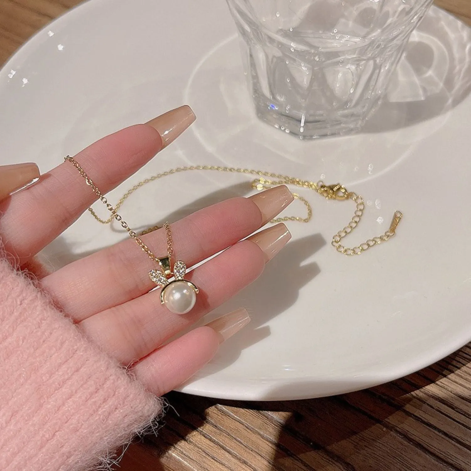 Titanium Steel Inlaid Zircon Pearl Pendant Necklace sold by Charming Charlie product image thumbnail 5