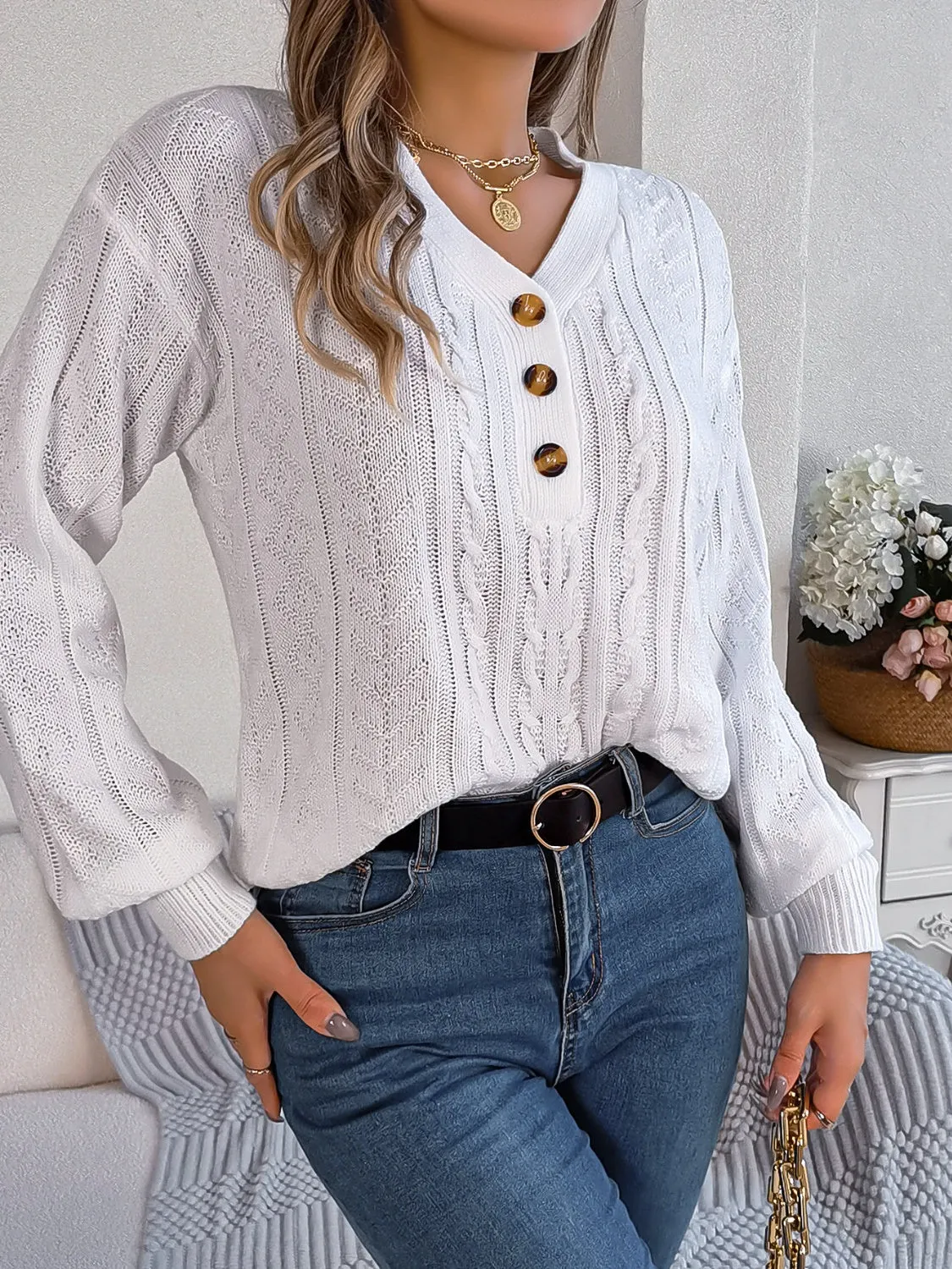 Cable-Knit V-Neck Long Sleeve Sweater sold by Charming Charlie product image thumbnail 4