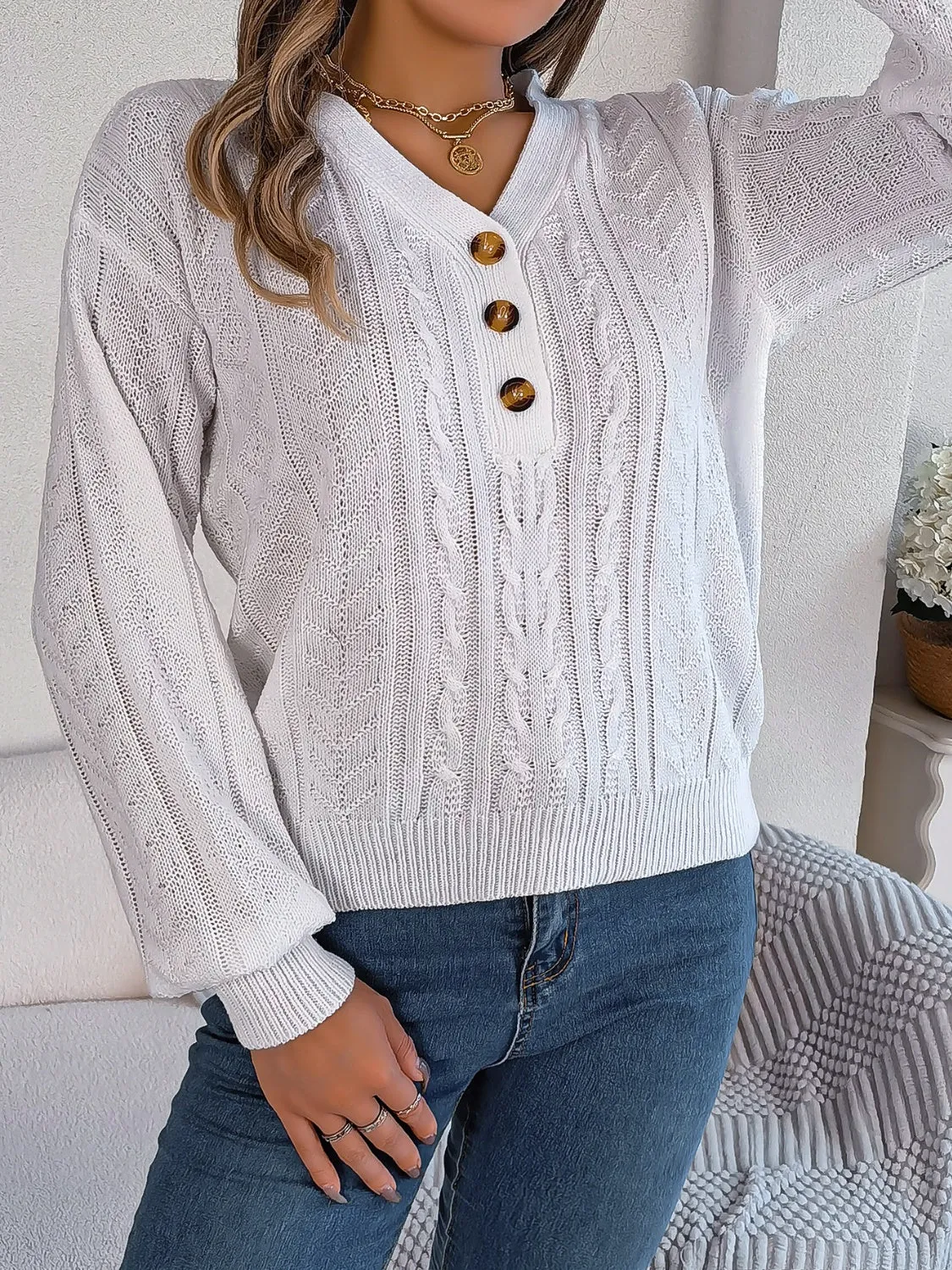 Cable-Knit V-Neck Long Sleeve Sweater sold by Charming Charlie product image thumbnail 5