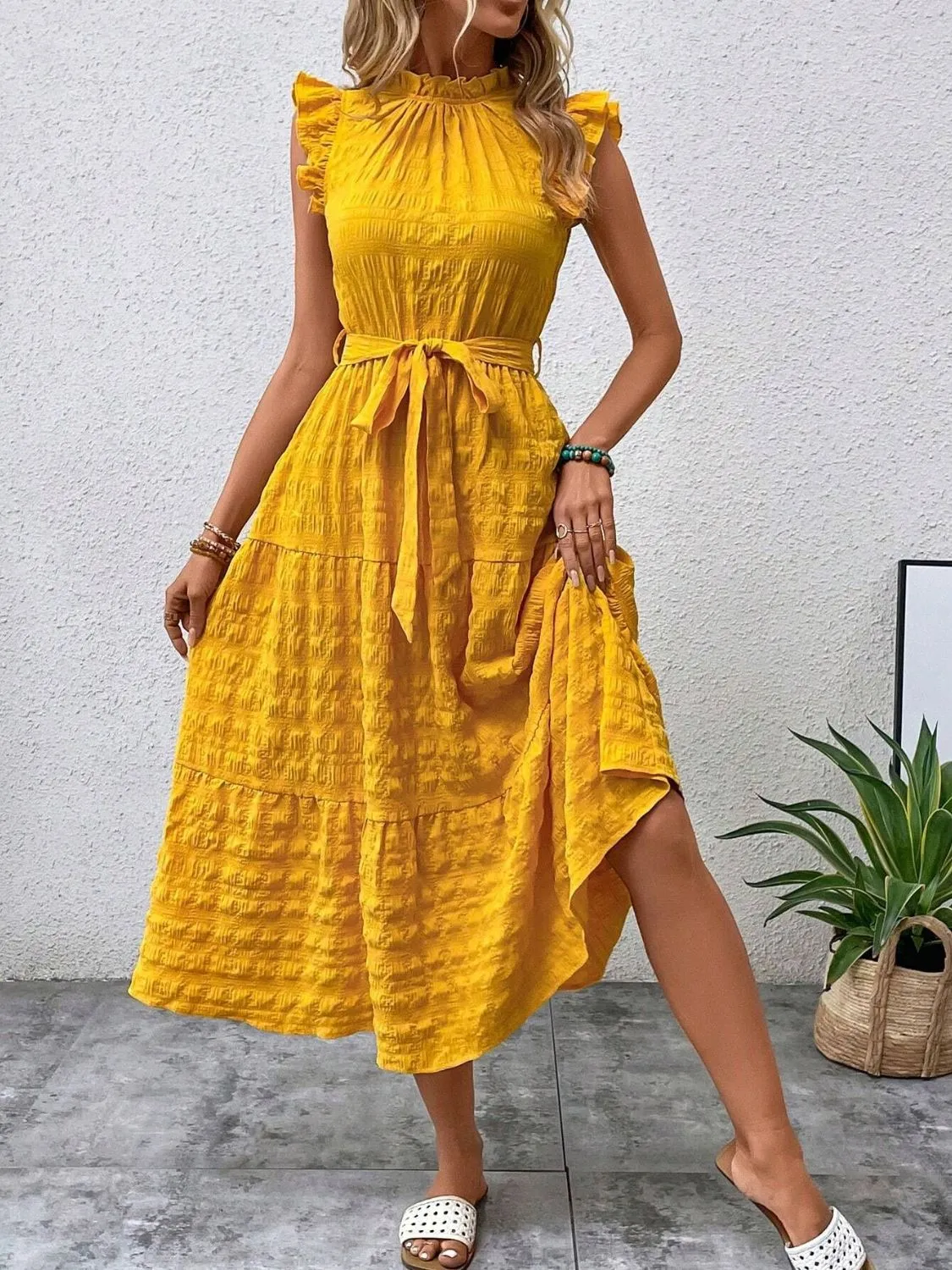 Tied Ruffled Cap Sleeve Midi Dress sold by Charming Charlie product image thumbnail 3