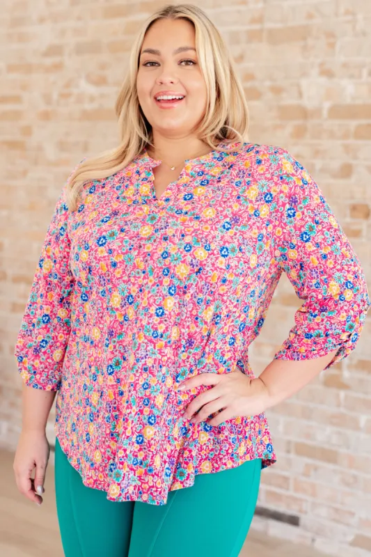 Lizzy Top in Hot Pink and Turquoise Ditsy Floral sold by Charming Charlie