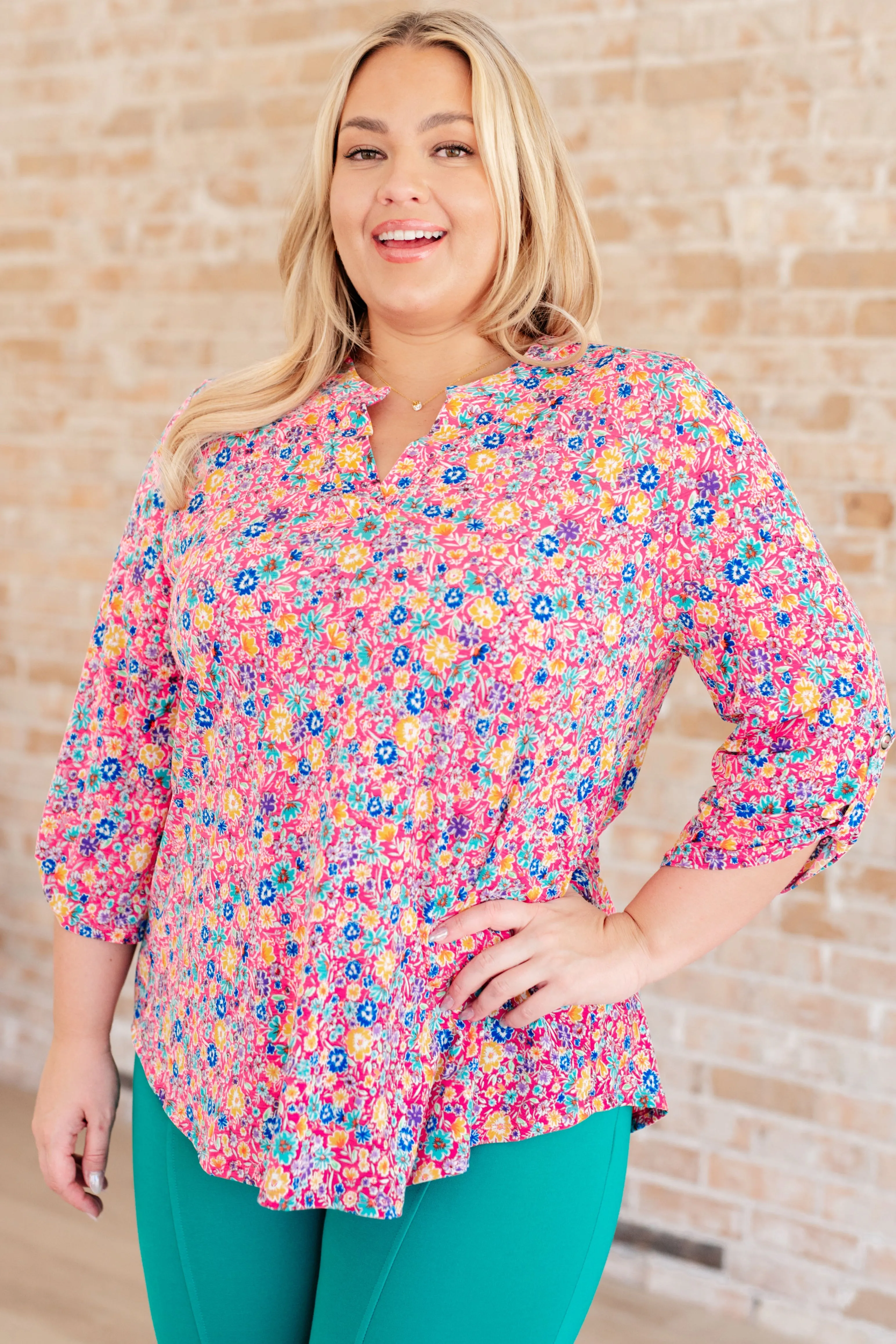 Lizzy Top in Hot Pink and Turquoise Ditsy Floral sold by Charming Charlie