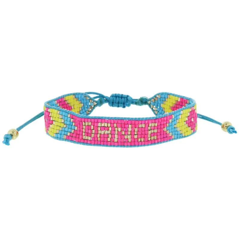 Hot Pink, Bright Blue, Lime, Gold with "DANCE" Woven Beaded Band Bracelet, .5" Wide sold by Charming Charlie