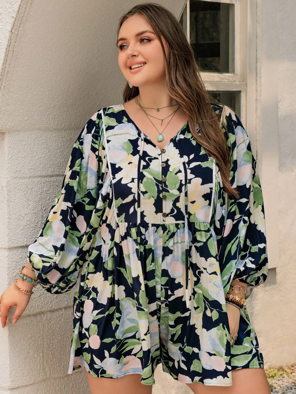 Plus Size Tied Printed Long Sleeve Romper sold by Charming Charlie product image thumbnail 3