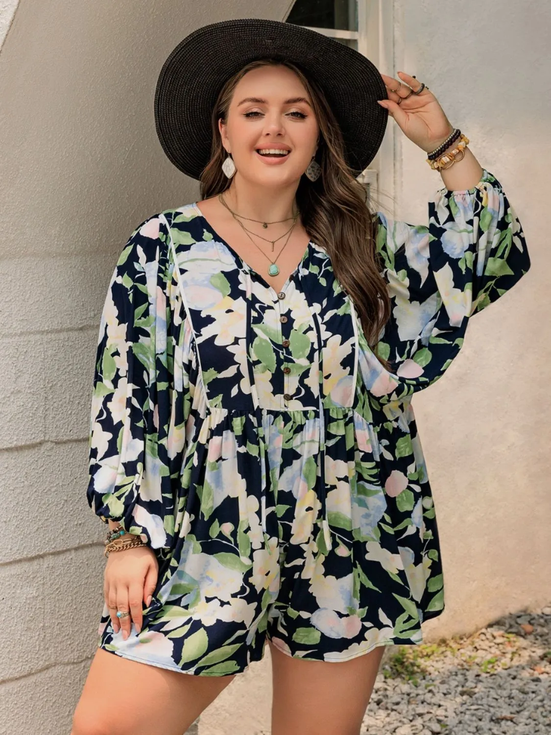 Plus Size Tied Printed Long Sleeve Romper sold by Charming Charlie product image thumbnail 4