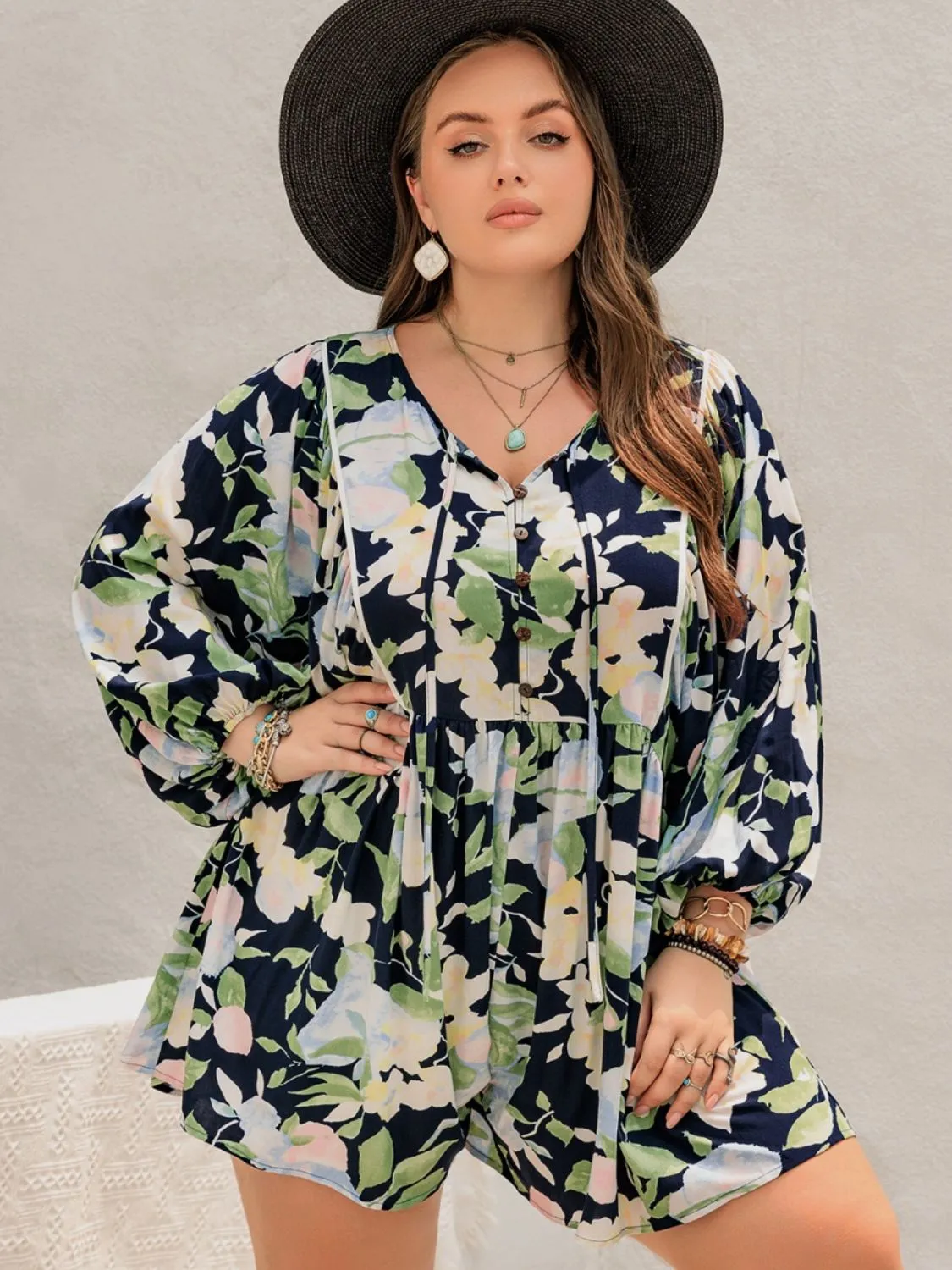Plus Size Tied Printed Long Sleeve Romper sold by Charming Charlie product image thumbnail 5