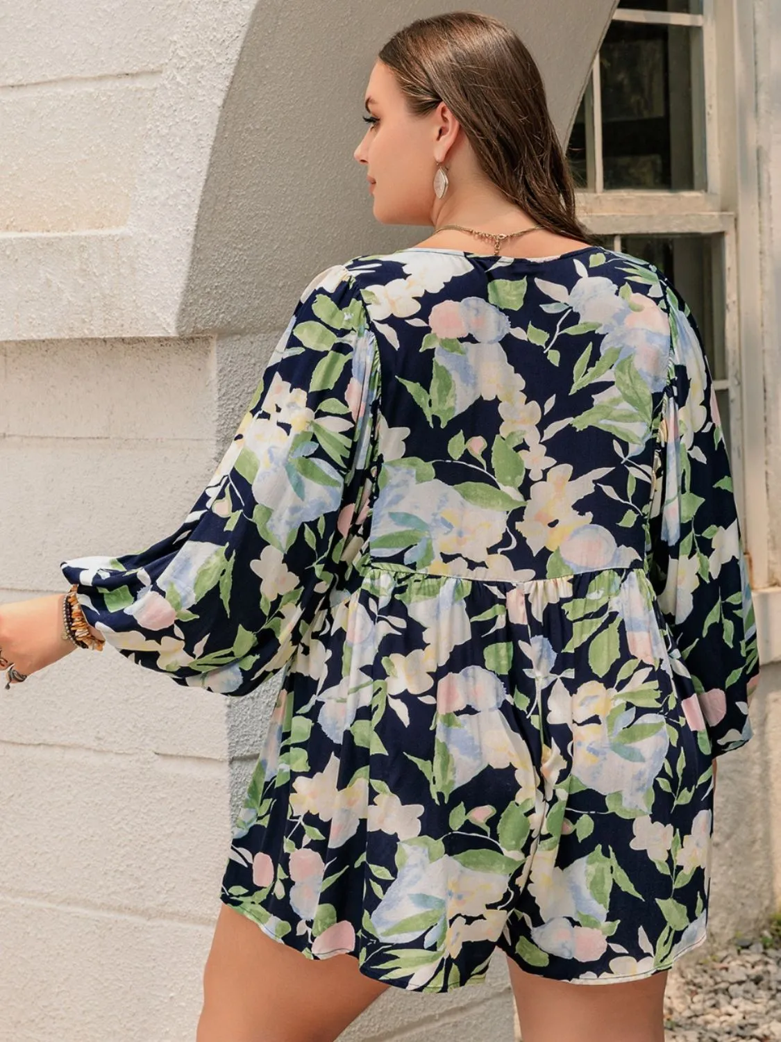 Plus Size Tied Printed Long Sleeve Romper sold by Charming Charlie product image thumbnail 2