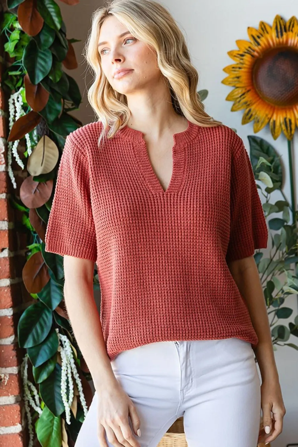 First Love Notched Short Sleeve Knit Top sold by Charming Charlie product image thumbnail 5