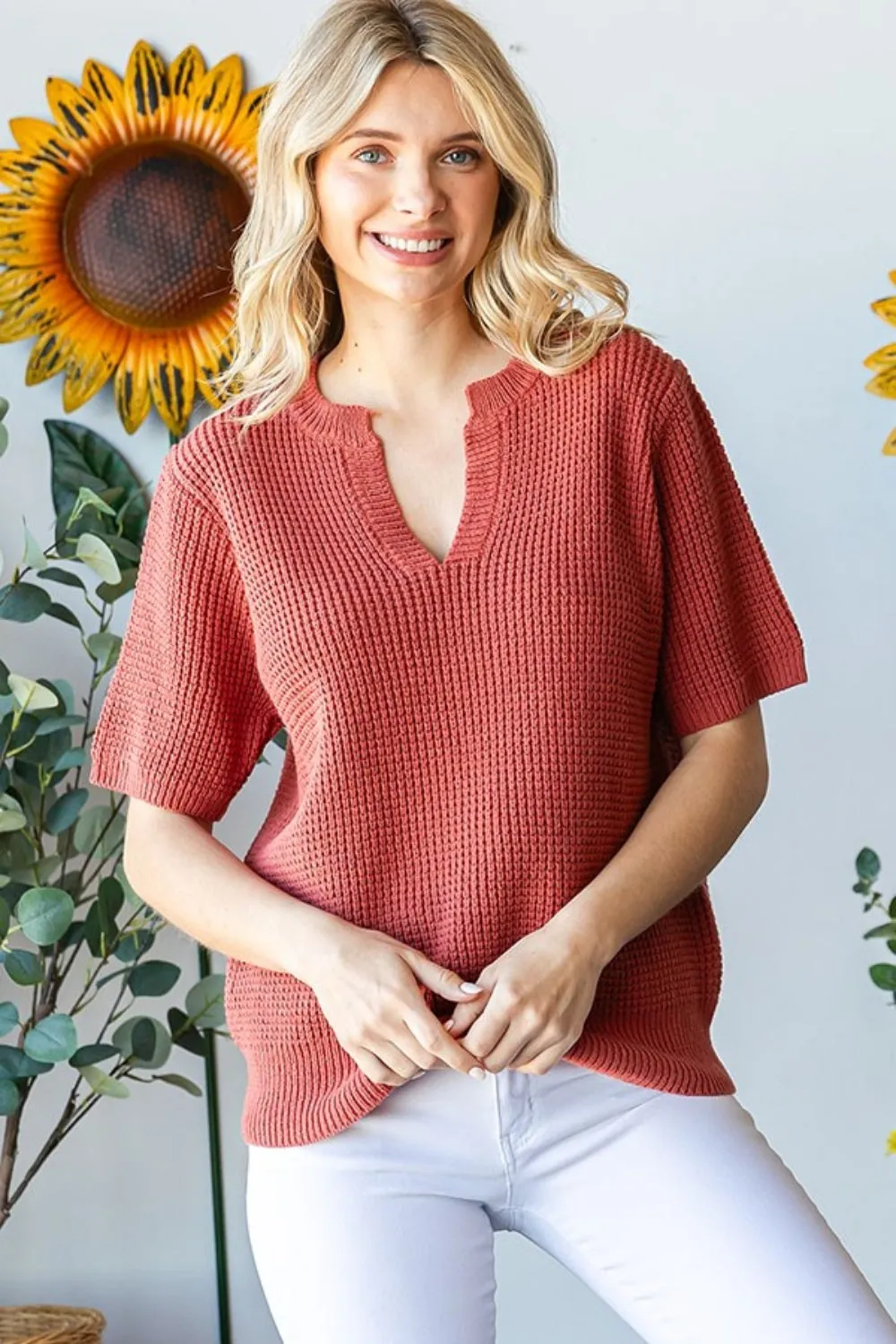 First Love Notched Short Sleeve Knit Top sold by Charming Charlie product image thumbnail 2