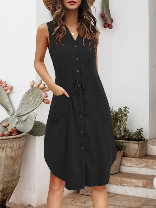 Drawstring Button Up Notched Sleeveless Dress sold by Charming Charlie