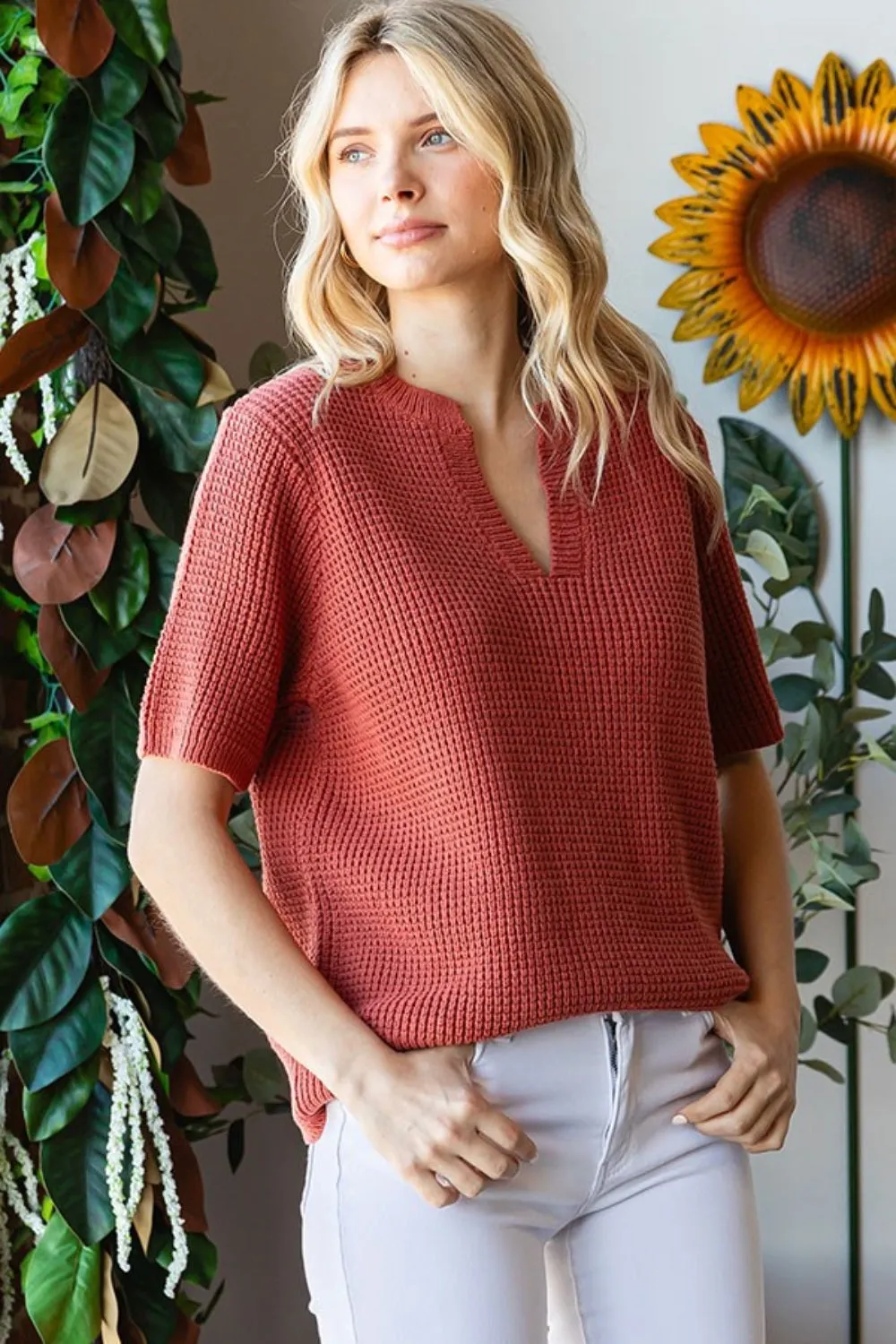First Love Notched Short Sleeve Knit Top sold by Charming Charlie product image thumbnail 4