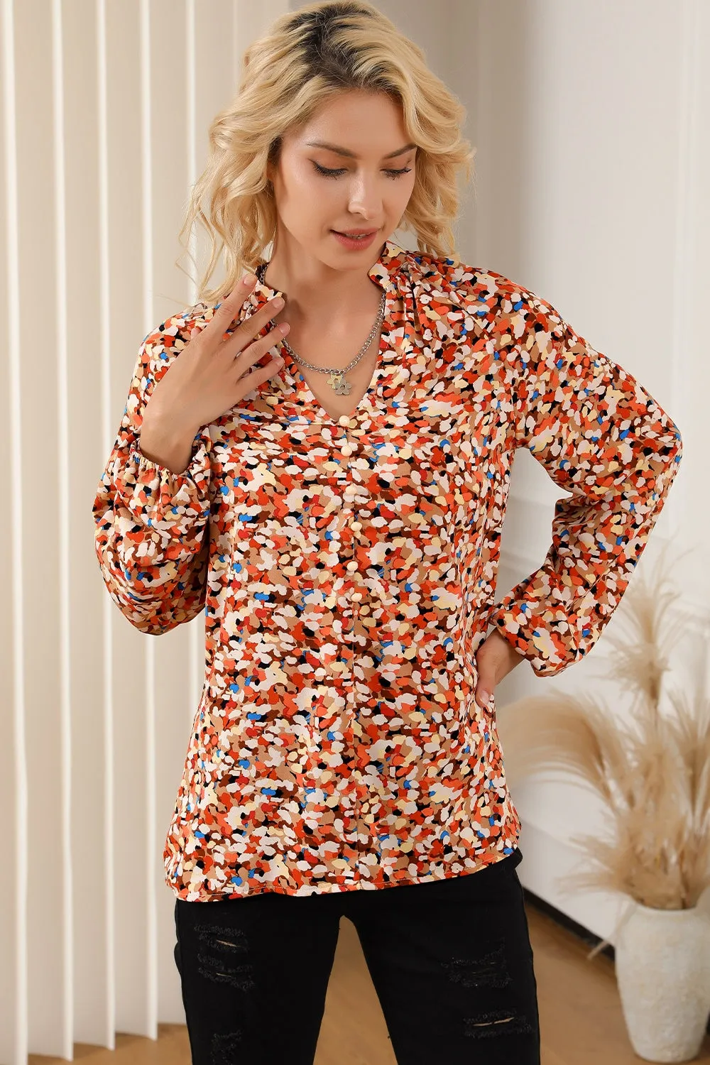 Printed Notched Balloon Sleeve Blouse sold by Charming Charlie product image thumbnail 3