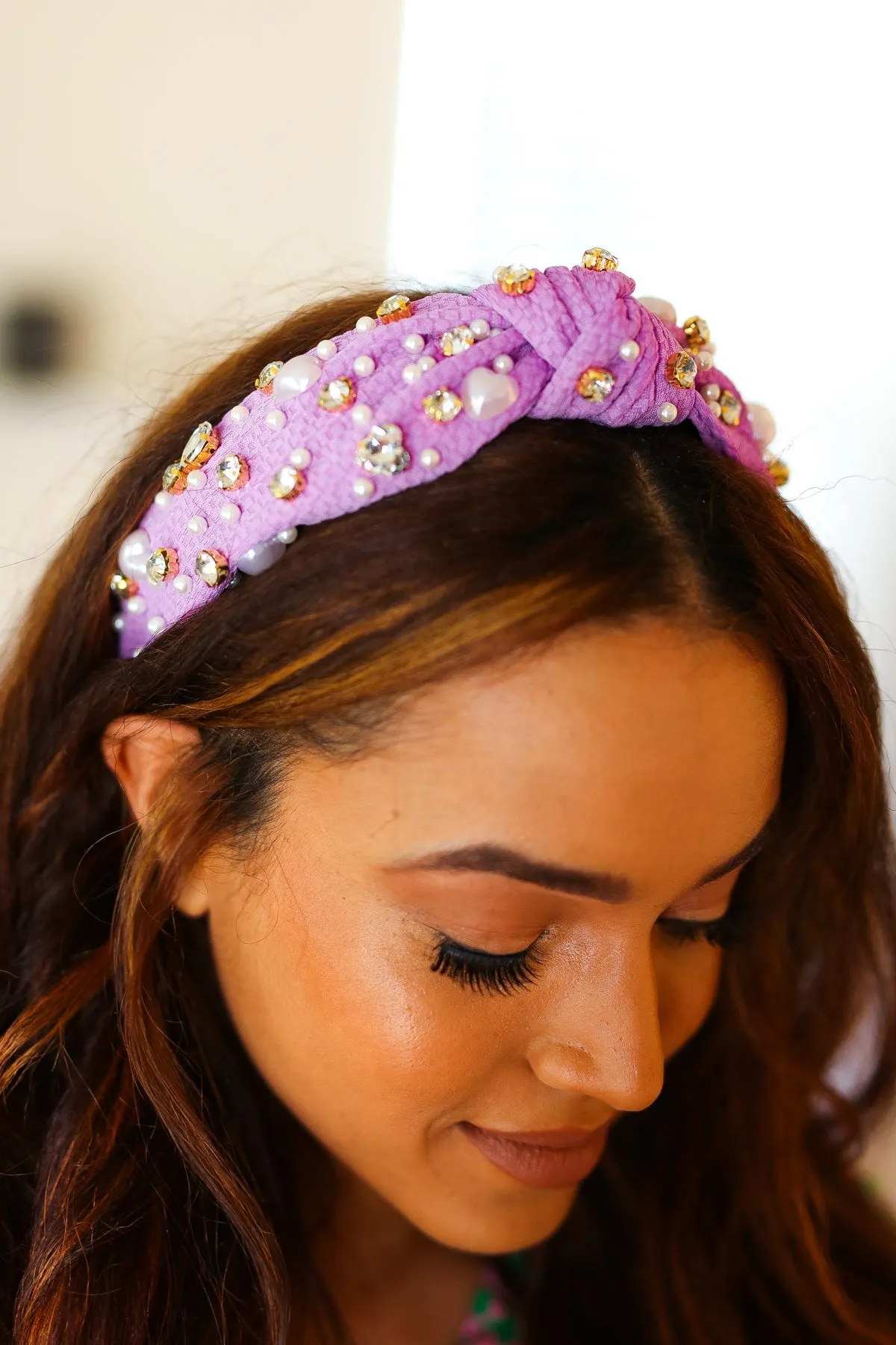 Purple Heart Pearl & Jewel Knot Knit Headband sold by Charming Charlie product image thumbnail 5
