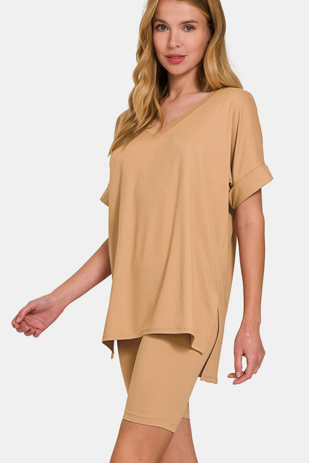 Zenana V-Neck Short Sleeve T-Shirt and Biker Shorts Set sold by Charming Charlie