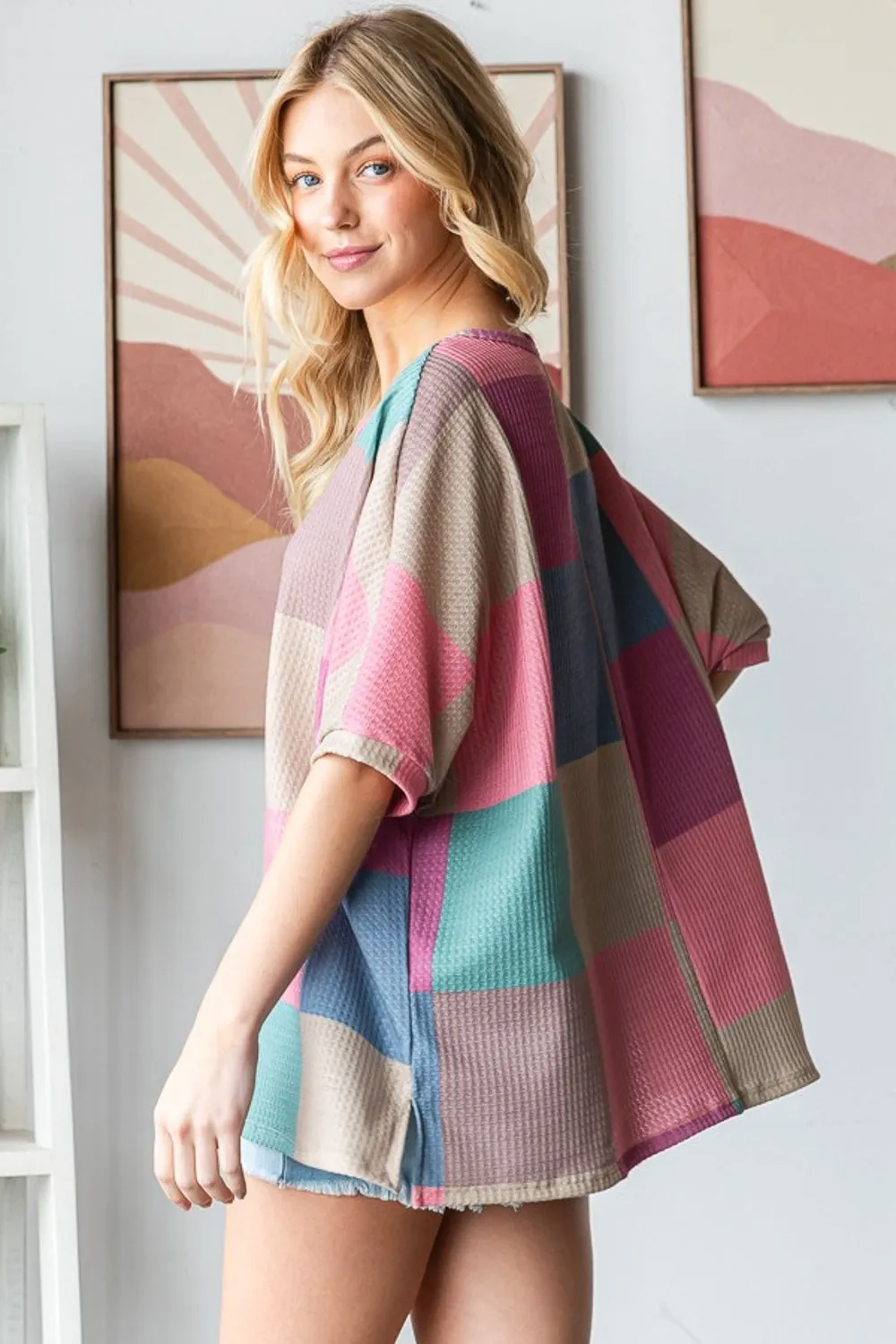 HOPELY Full Size Checkered Round Neck Side Slit T-Shirt sold by Charming Charlie product image thumbnail 2